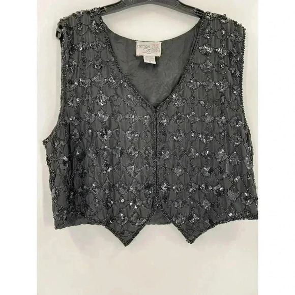 Vintage Cotton Zone Black Sequin Vest 100% Silk Size MEDIUM Snaz Up an Outfit - Picture 3 of 9